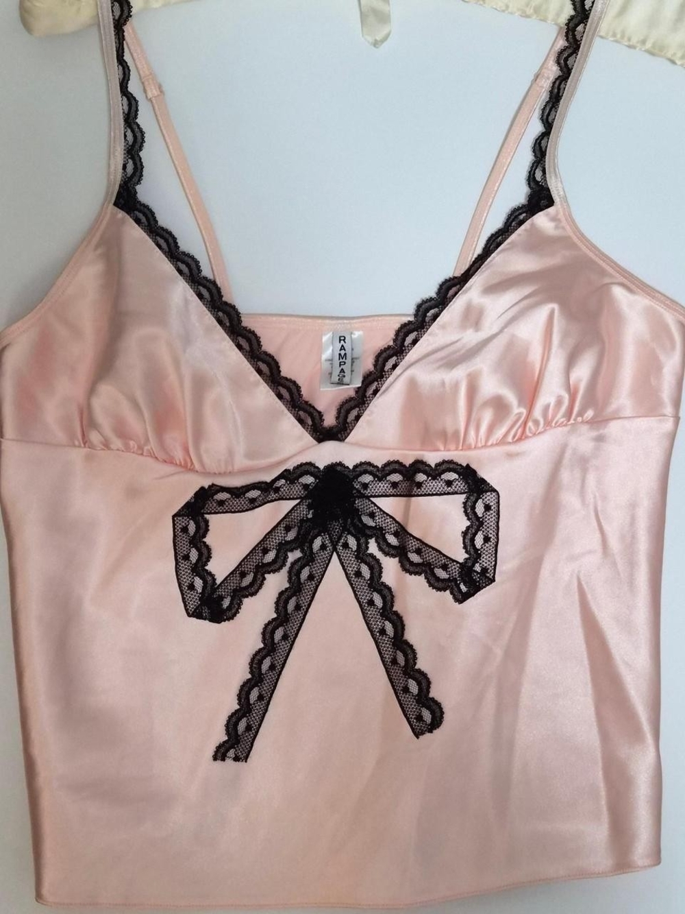 Rampage Pink Satin Chemise Top with Black Lace Bow
